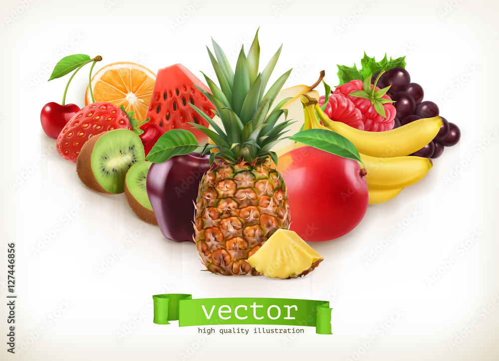 菠萝和多汁的水果，在白色上分离的矢量插图