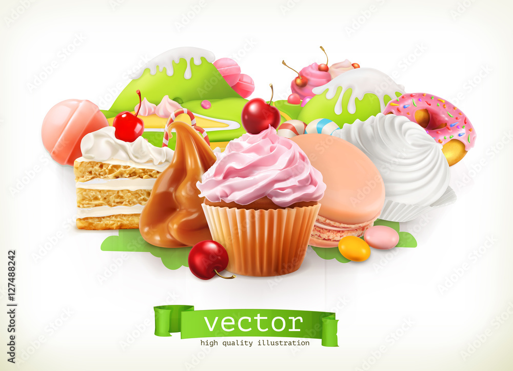 Sweet shop. Confectionery and desserts, cake, cupcake, candy, caramel. 3d vector illustration