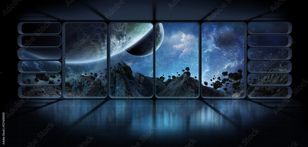 从巨大的宇宙飞船窗口观看行星3D渲染元素