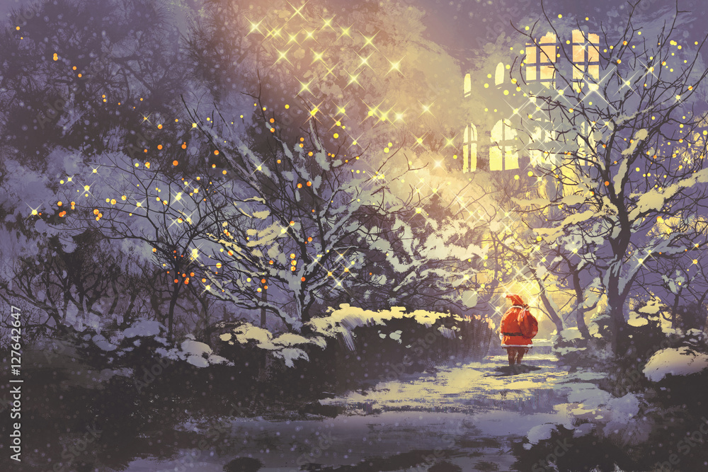 圣诞老人在公园里白雪皑皑的冬季小巷里，树上挂着圣诞灯，插图画