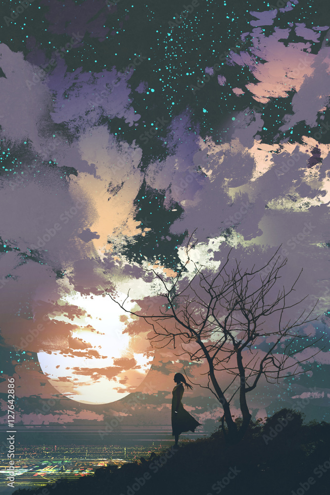 一个女人站在山顶上，背靠着美丽的天空，月亮很大，插图画
