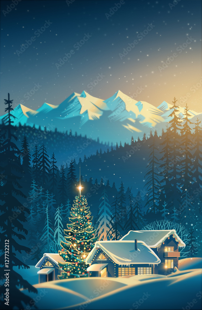 带房屋和圣诞树的冬季节日山地景观。光栅插图。