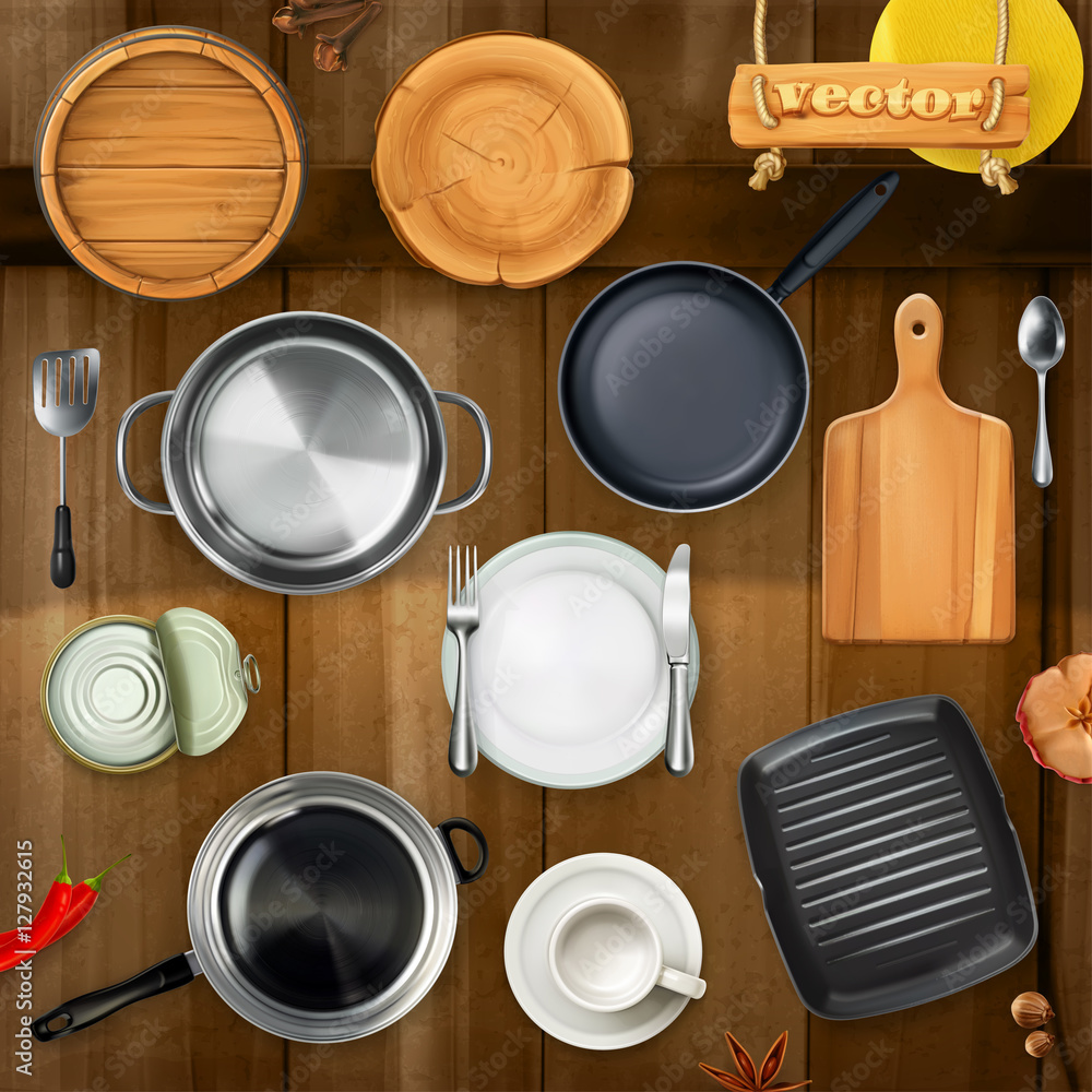 厨房用具。锅，平底锅，盘子。俯视图三维矢量对象集