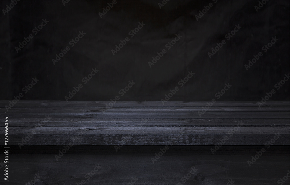 Dark wooden board table for product display montage, black wooden interior