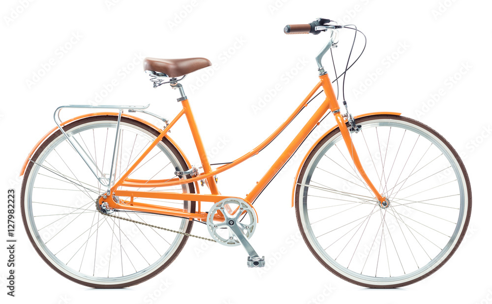 时尚女式橙色自行车，白色隔离