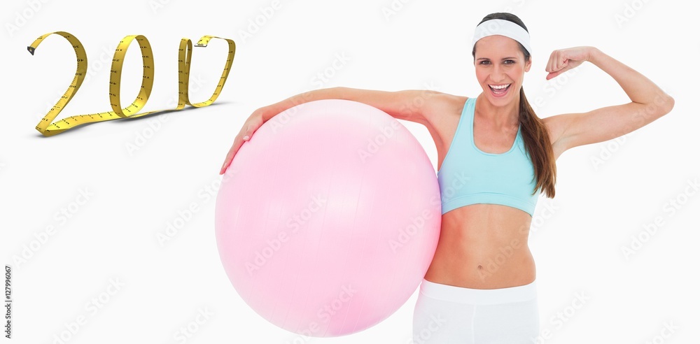 快乐健康的女人用健身器材锻炼肌肉的合成图像