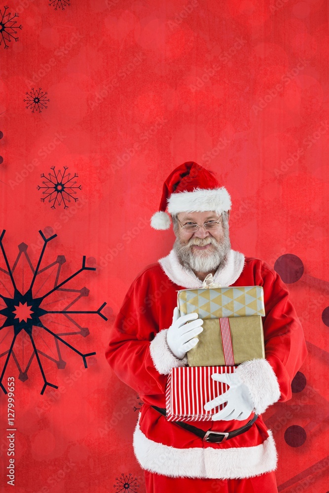 快乐的圣诞老人手持圣诞礼物的合成图像