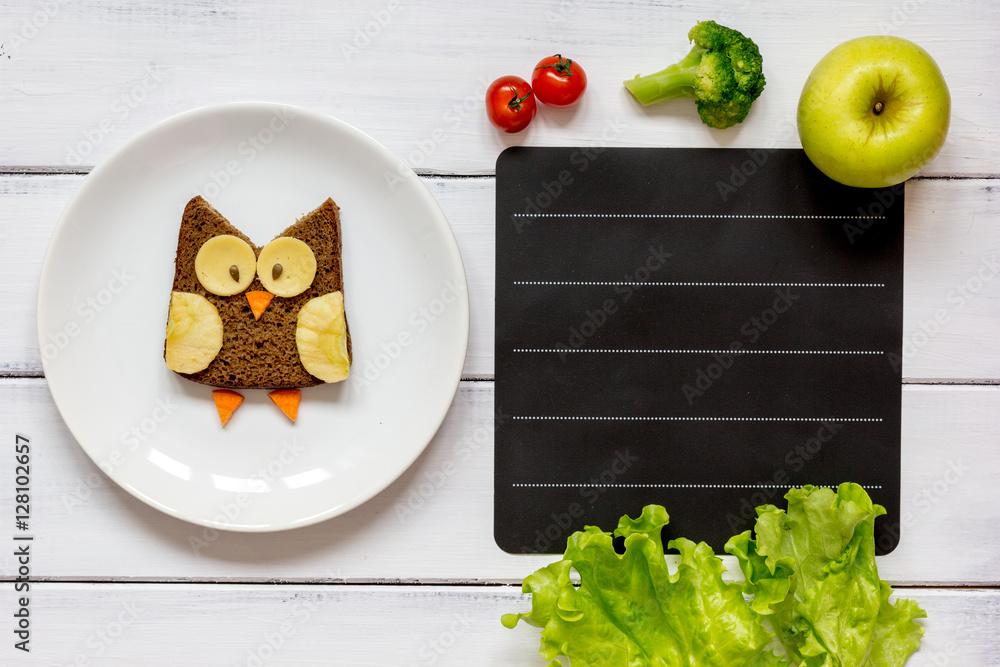kids menu owl shaped sandwich place for text top view