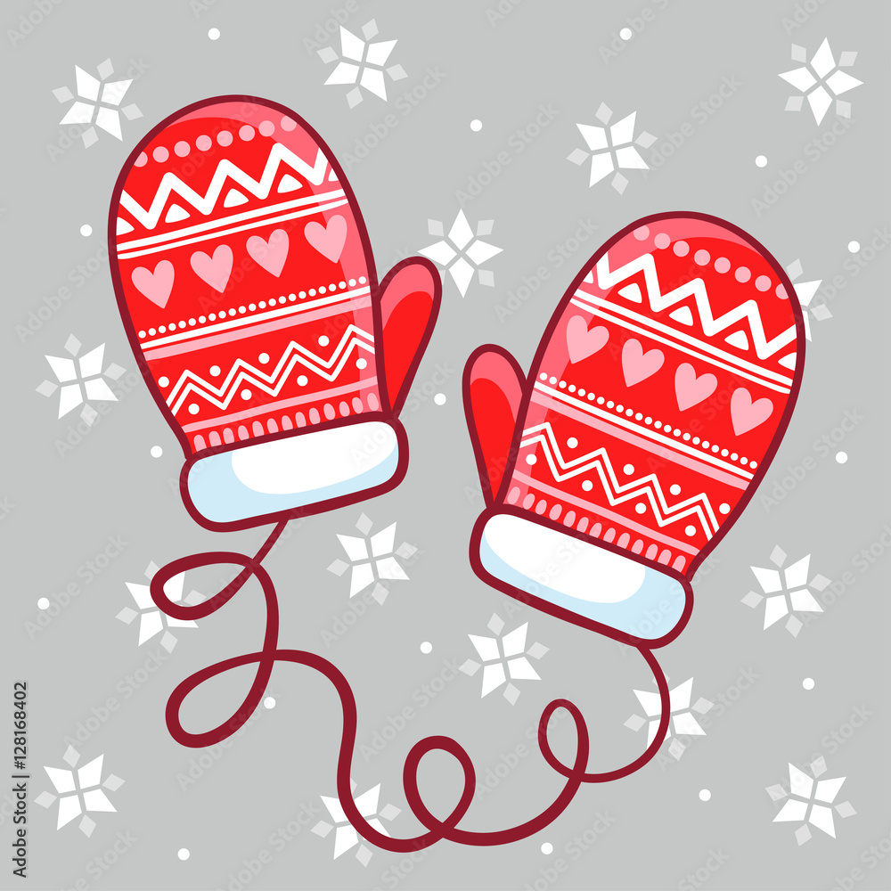 儿童风格的矢量插图冬季手套。灰色背景的蕾丝手套。冬季霍利
