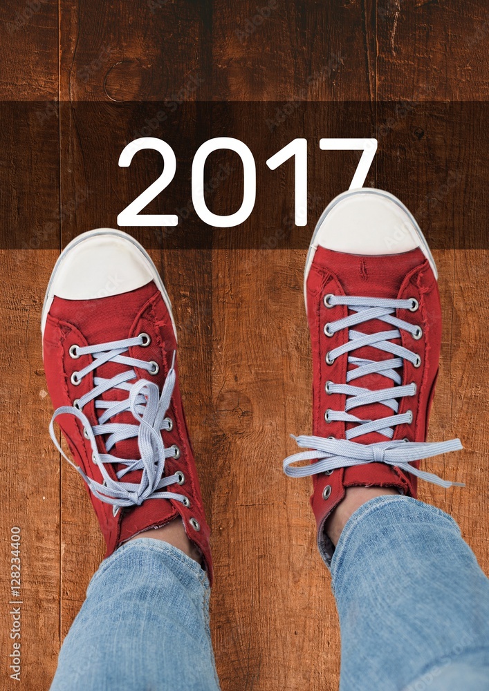 2017年新年祝福，少年穿红色运动鞋