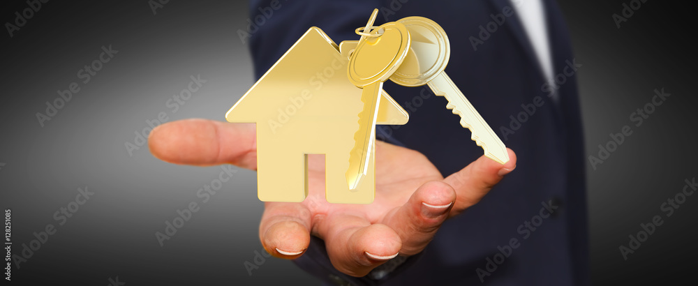 商人拿着钥匙，手里拿着房子的钥匙圈3D渲染