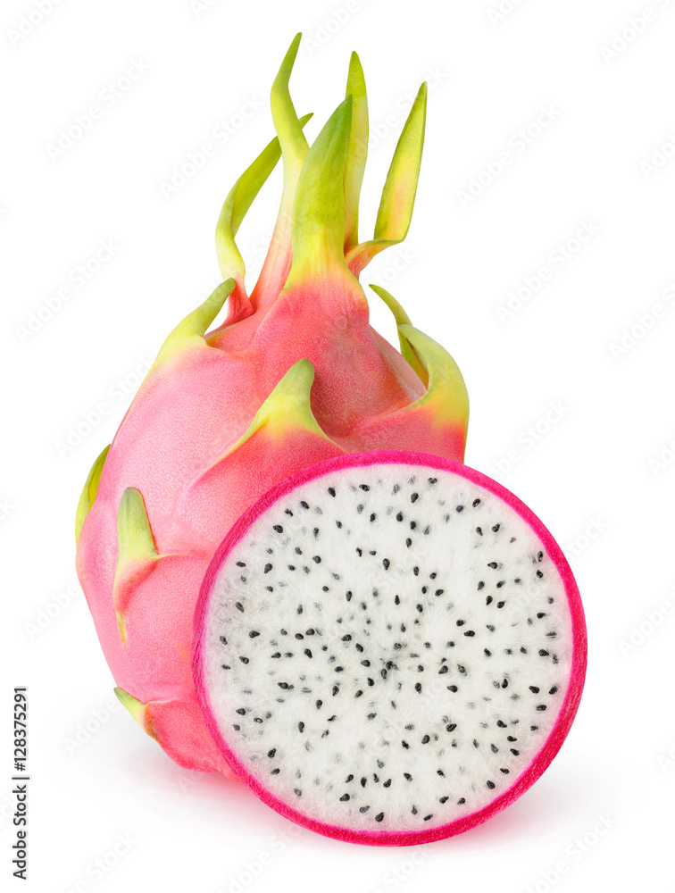 Isolated dragonfruit. Cut dragon fruits (pitaya) isolated on white background with clipping path