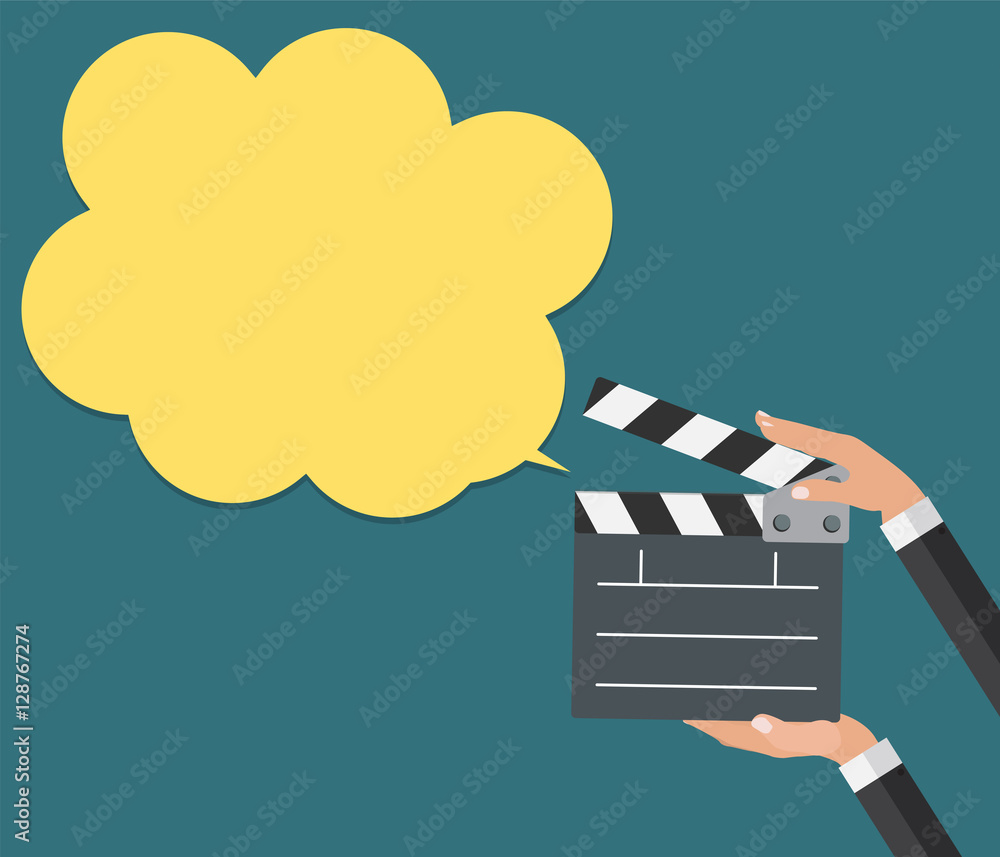 Abstract Cinema Clapper with Speech Bubble Flat Symbol Icon. Vec
