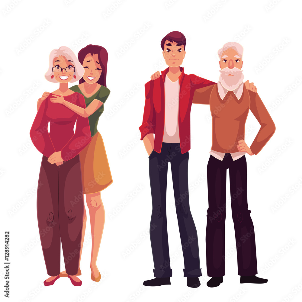 孙子拥抱他们的祖父母，卡通矢量插图孤立在白色背景上。
