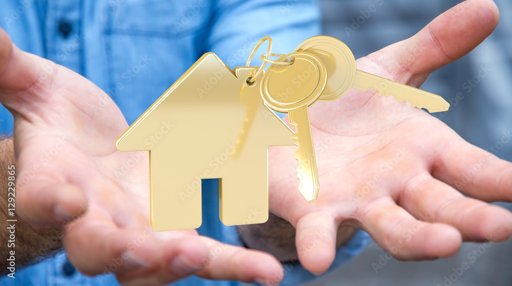 商人拿着钥匙，手里拿着房子的钥匙圈3D渲染