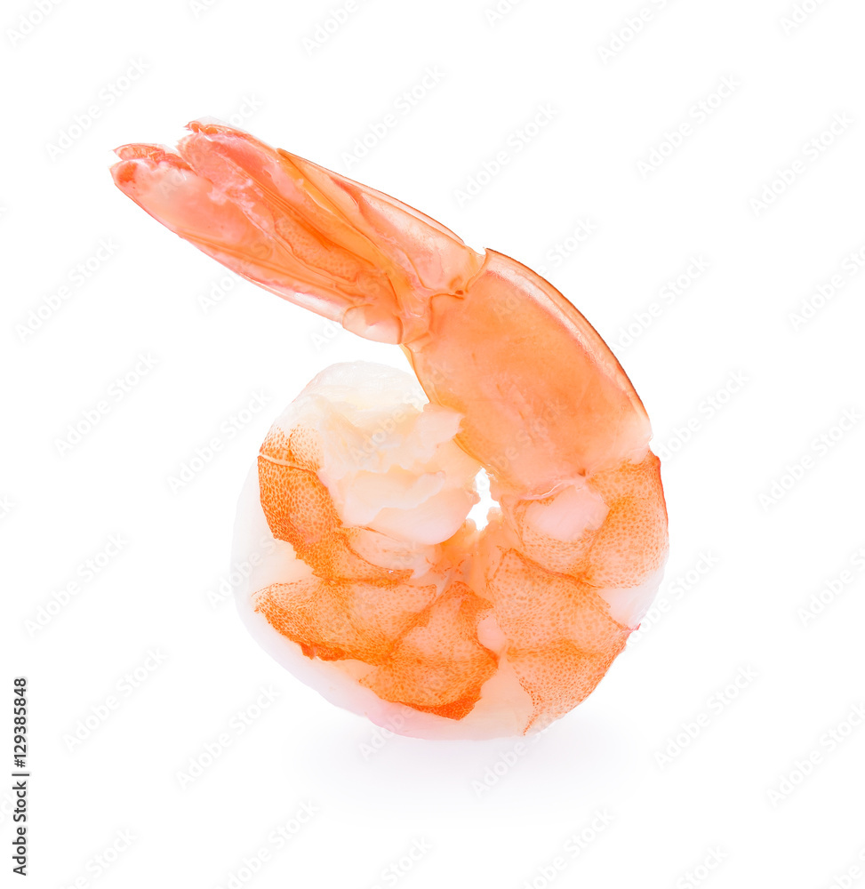 美味的大虾，煮熟的去皮的切背虎虾，隔离在白背上