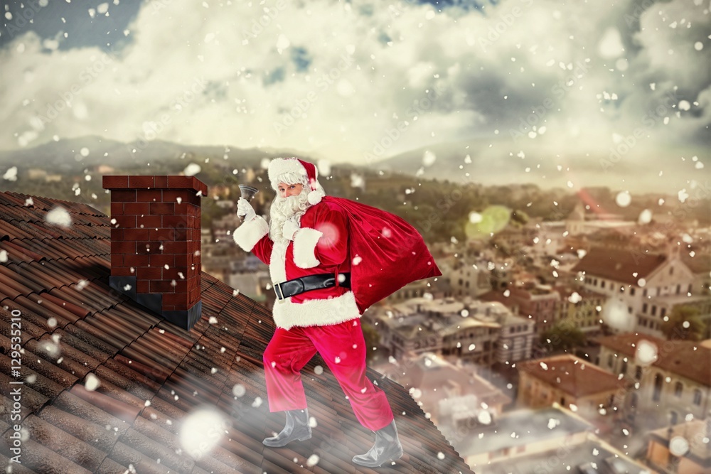 Composite image of santa walking with his sack and bell