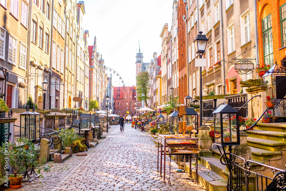 Street view with shops and cafes in th eold town of Gdansk, Poland