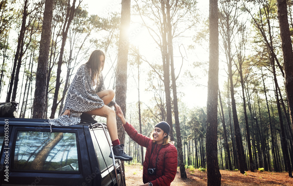 Forest Car Boyfriend Girlfriend Helping Concept