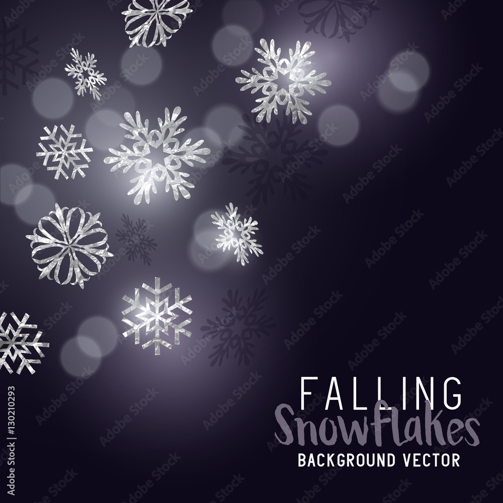 Silver glittering winter snowflakes - decoration background. Vector illustration.