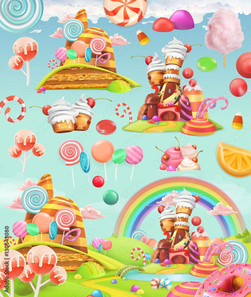 Sweet candy land. Cartoon game background. 3d vector icon set