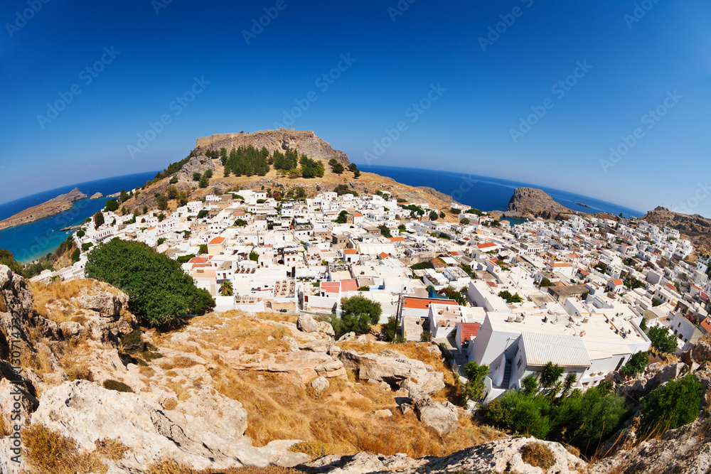 Beautiful cityscape of antique Lindos in Greece