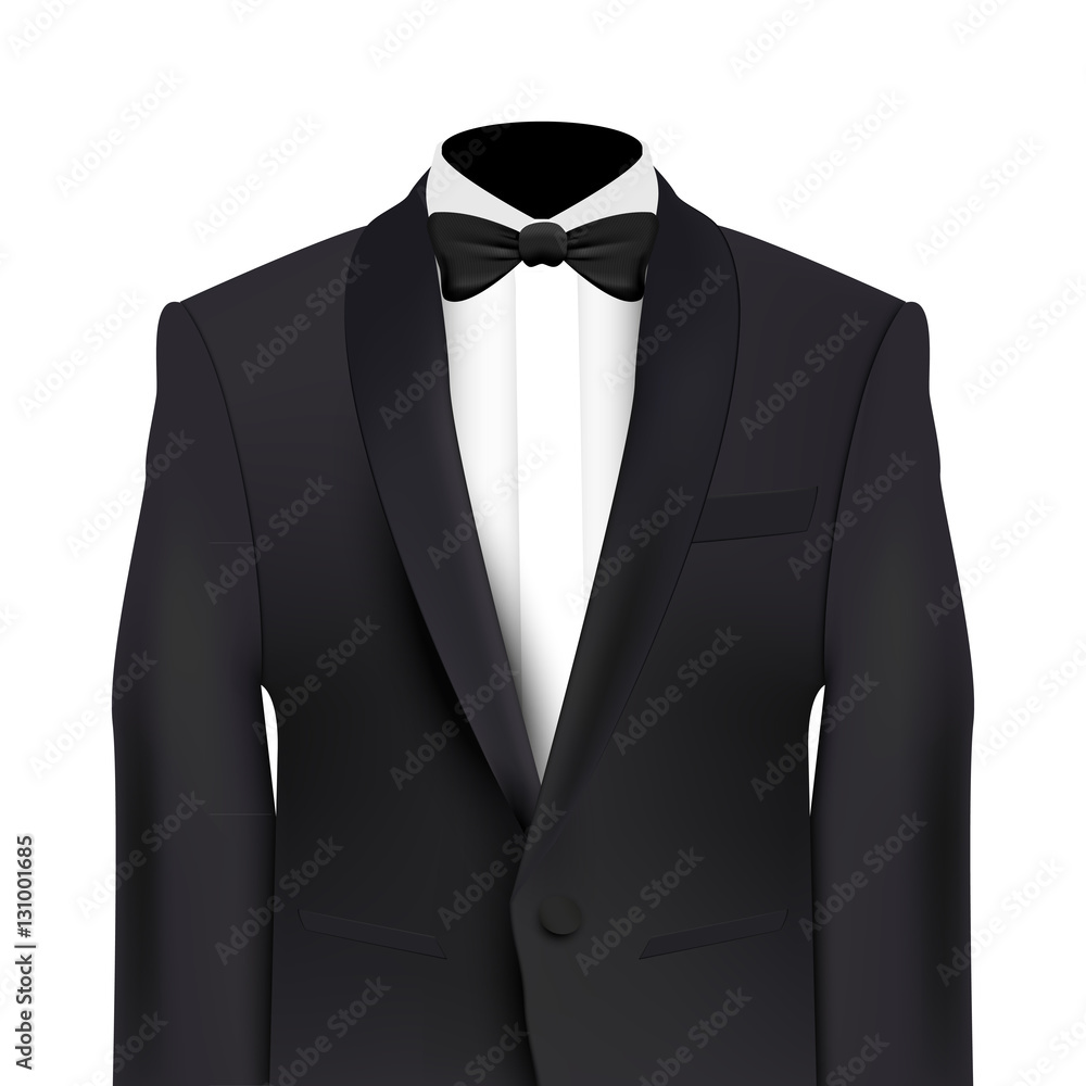 Black jacket and bow tie, realistic vector isolated on white