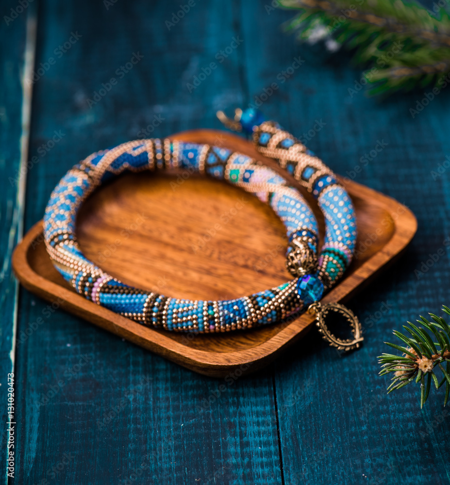 Beadwork. Beaded necklace. Winter. Christmas. Handmade Jewelry. Blue.