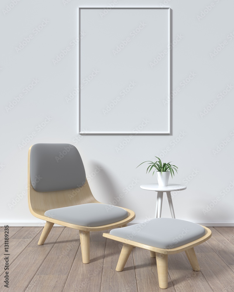 Mock up poster frame in room white background Modern Style,3D rendering