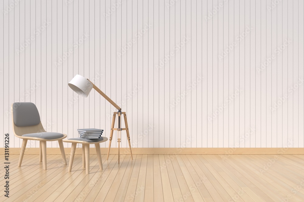 Book on A chair with wooden wall and lamp,3D rendering