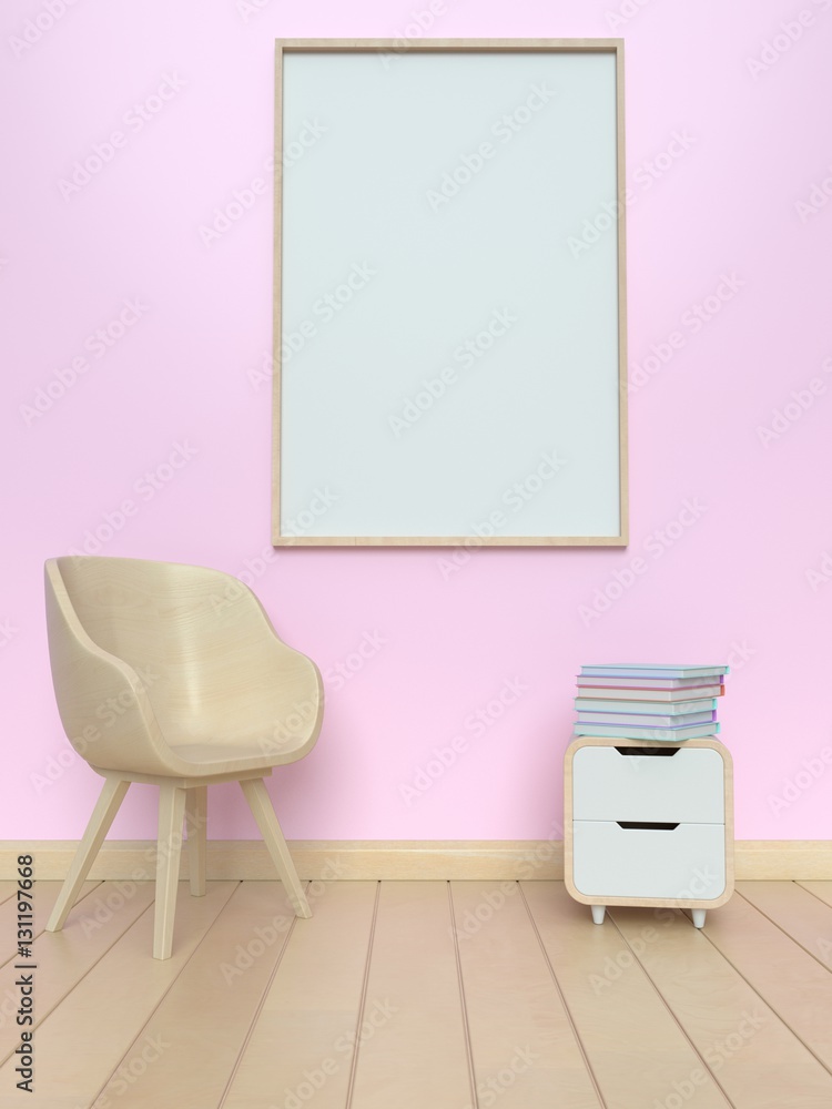 A spacious room with a chair frame rear wall pink,3D rendering