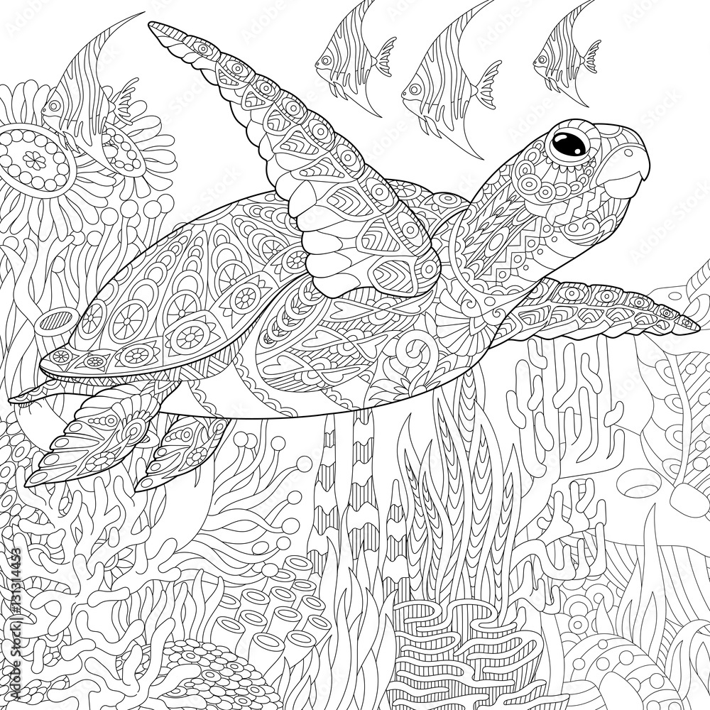 乌龟和热带鱼的风格化卡通水下构图。徒手素描