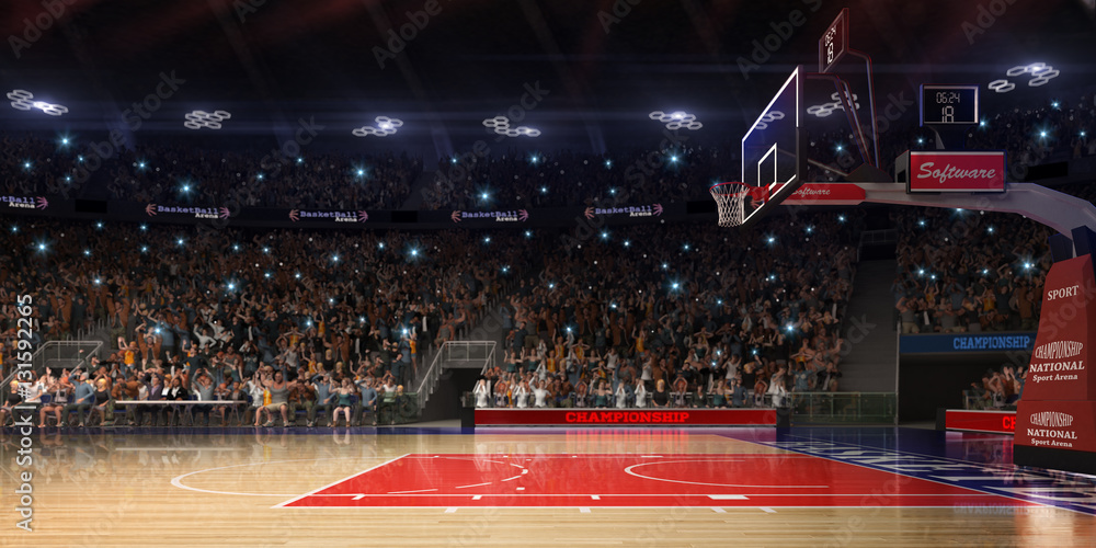 有球迷的篮球场。运动场。Photoreal 3d rende