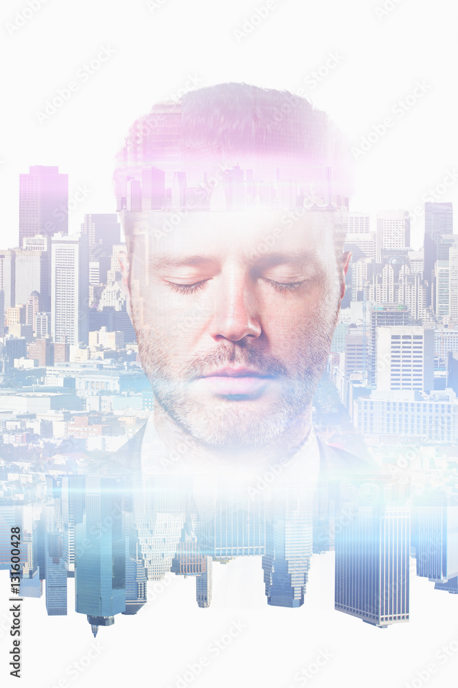 Thoughtful businessman on abstract city background
