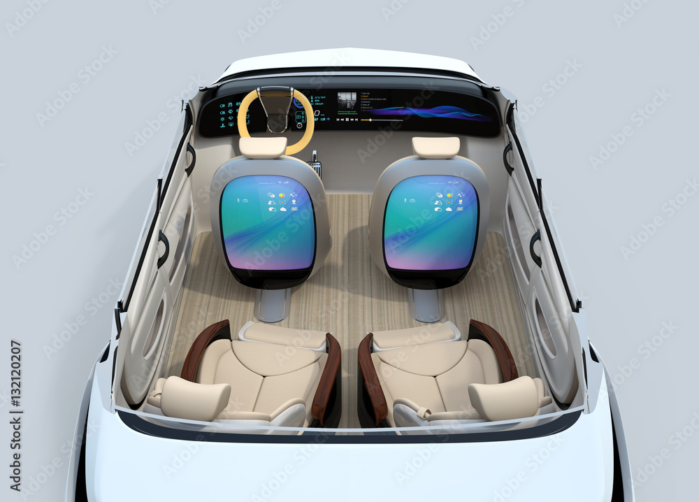 Self-driving car concept image. Front seats back monitor showing digital interface which could conn