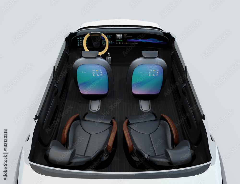 自动驾驶汽车概念图。前排座椅靠背显示器显示可以连接的数字接口