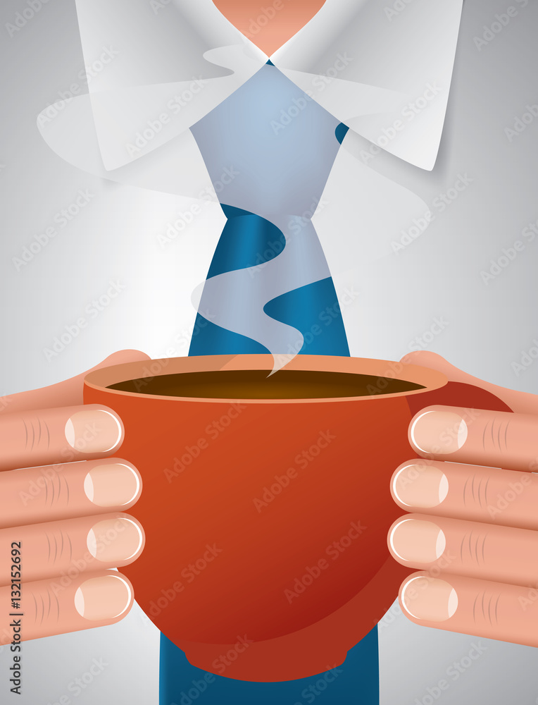 Businessman holding cup of coffee during break work, vector