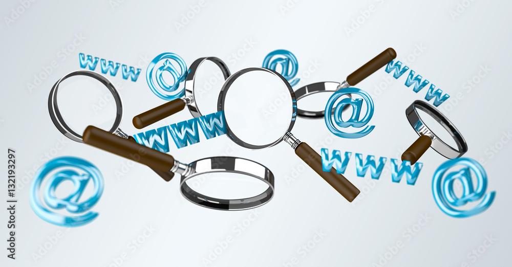 3D rendering contact icon and magnifying glass flying