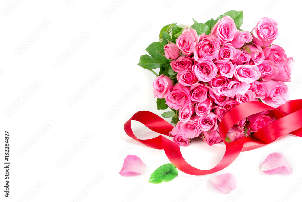  a bouquet sweet pink roses  petal on white background , romance
