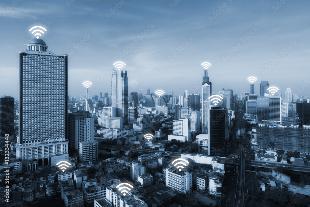 Wifi icon and Bangkok city with network connection concept, Bang