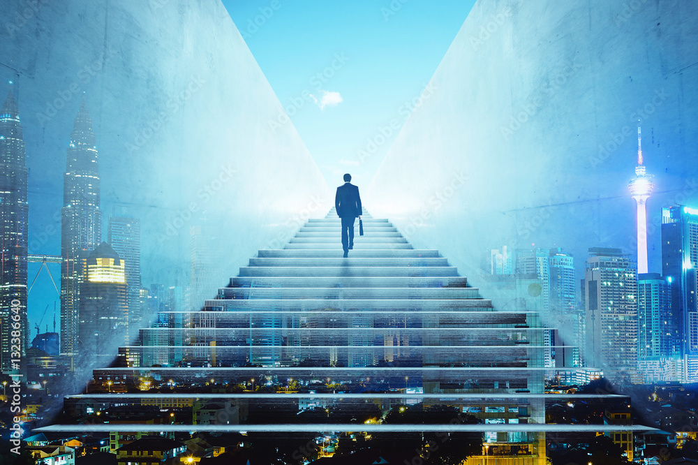Rear view of a businessman climbing stairs to get to a large city center. Concept of success and app