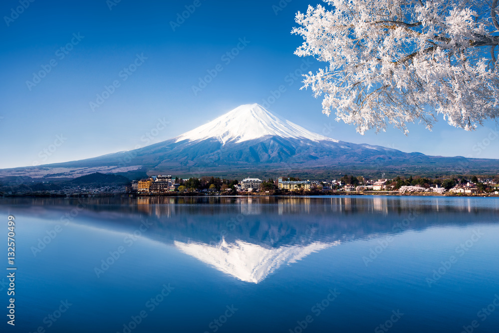 Mt. Fuji und See Kawaguchiko in Japan im Winter