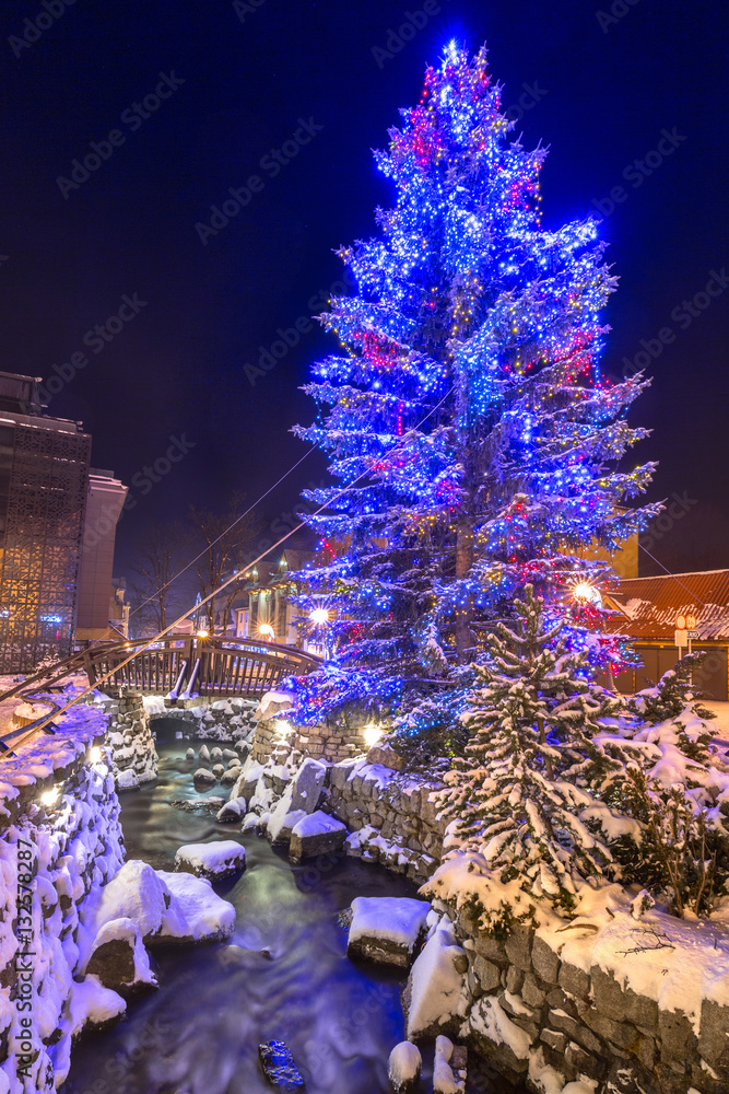 Beautiful Christmas tree at Krupowki street in Zakopane, Poland