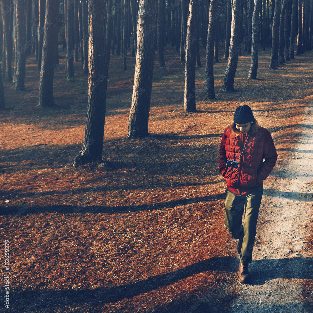Man Walking Alone Camping Wanderlust Concept
