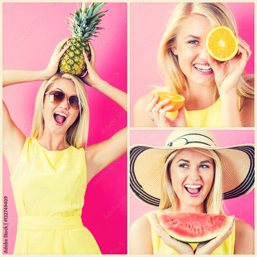 Girl with fresh fruit photo collage