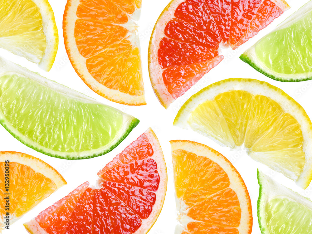 柑橘。水果背景。橙子、柠檬、葡萄柚、酸橙片