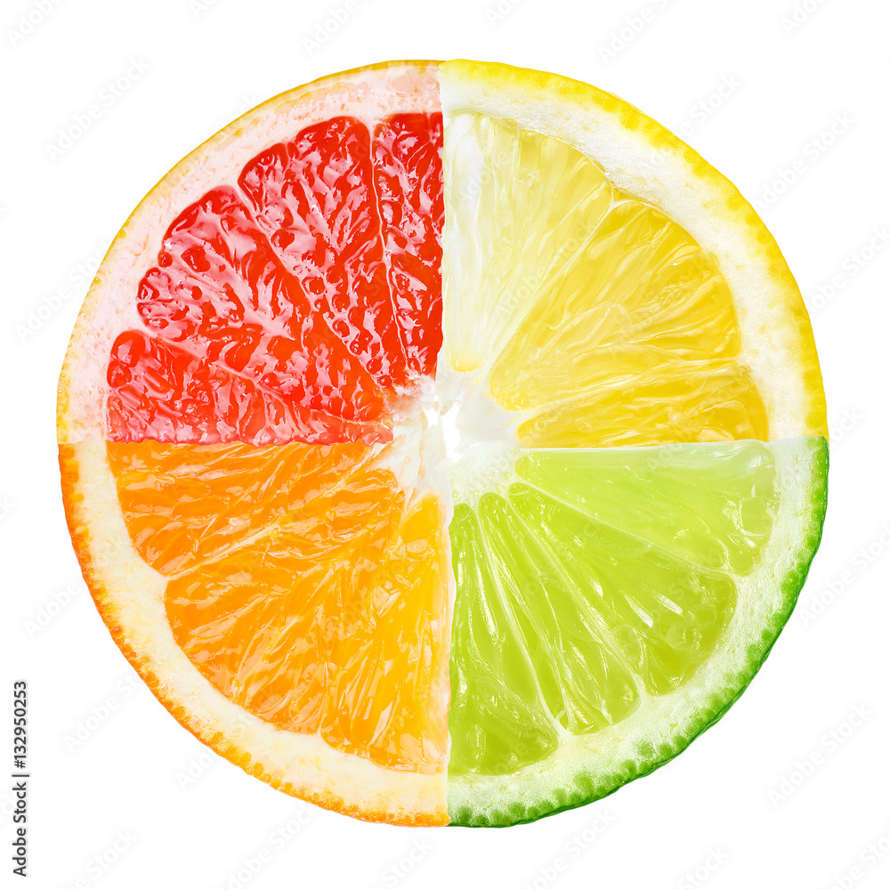 柑橘类水果。橙子、柠檬、酸橙、葡萄柚片拼贴