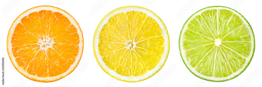 Citrus fruit. Orange, lemon, lime, grapefruit. Slices isolated o