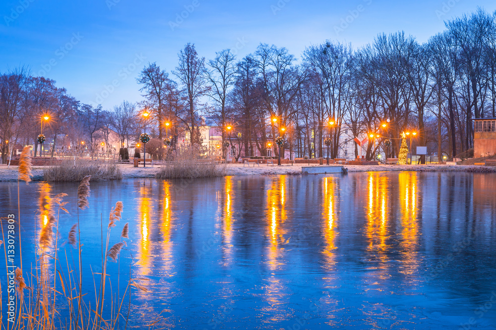波兰Trzebnica结冰池塘公园的冬季景色