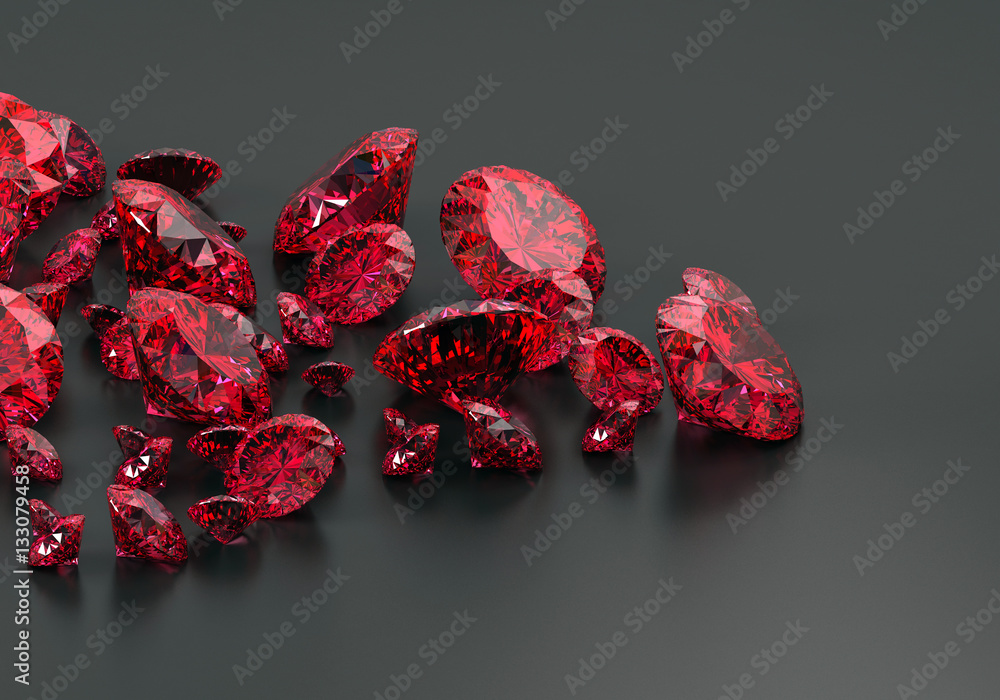 红色红宝石钻石置于黑色背景，3d